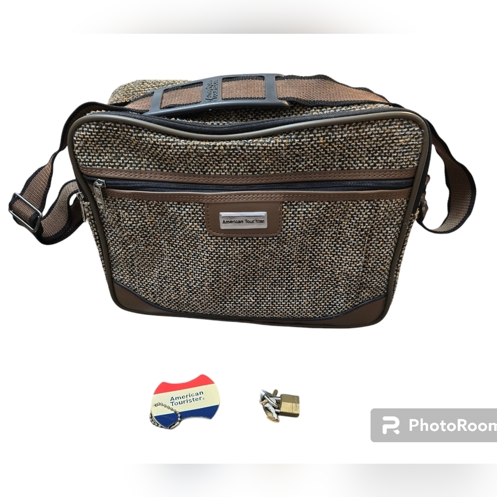 1980's American Tourister Tweed Luggage Carry On with OG luggage tag and locks